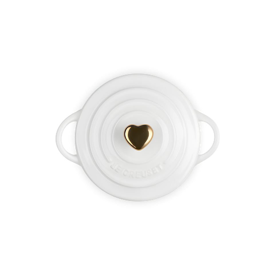 Mini Cocotte Cerâmica Branco com Pegador Coração Dourado Le Creuset