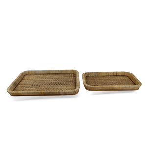 Conjunto 2 Bandejas Retangular Madeira e Rattan Natural