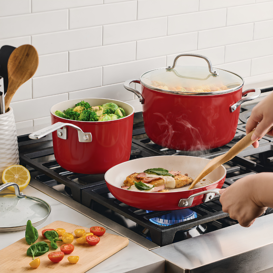 PRÉ-VENDA: Jogo de Panelas Frigideira Caçarola Alumínio 8 Peças Vermelho KitchenAid
