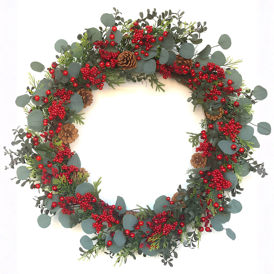 Guirlanda Decorativa Natal Barries e Eucalipto Vermelha / Verde 70cm