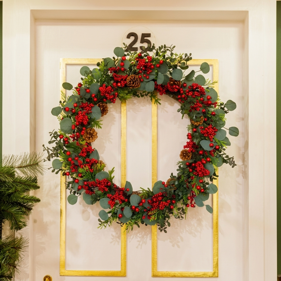 Guirlanda Decorativa Natal Barries e Eucalipto Vermelha / Verde 70cm