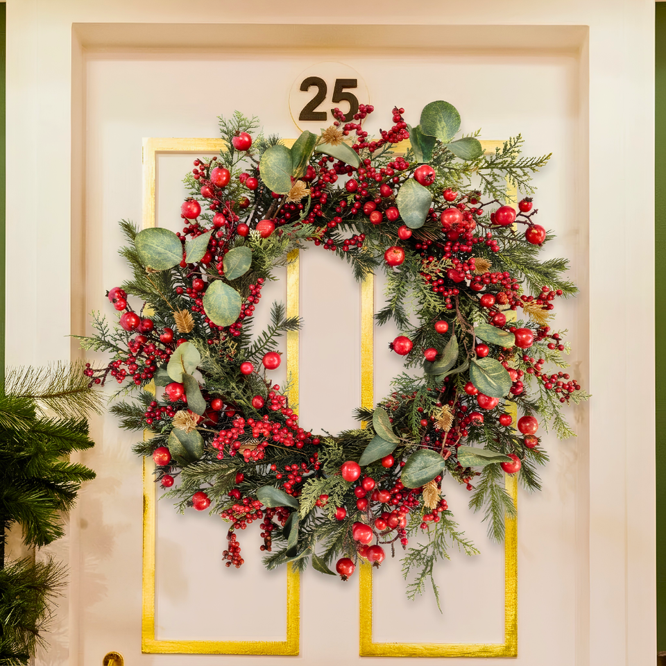 Guirlanda Decorativa Natal Barries e Folhagens Vermelha / Verde 68cm