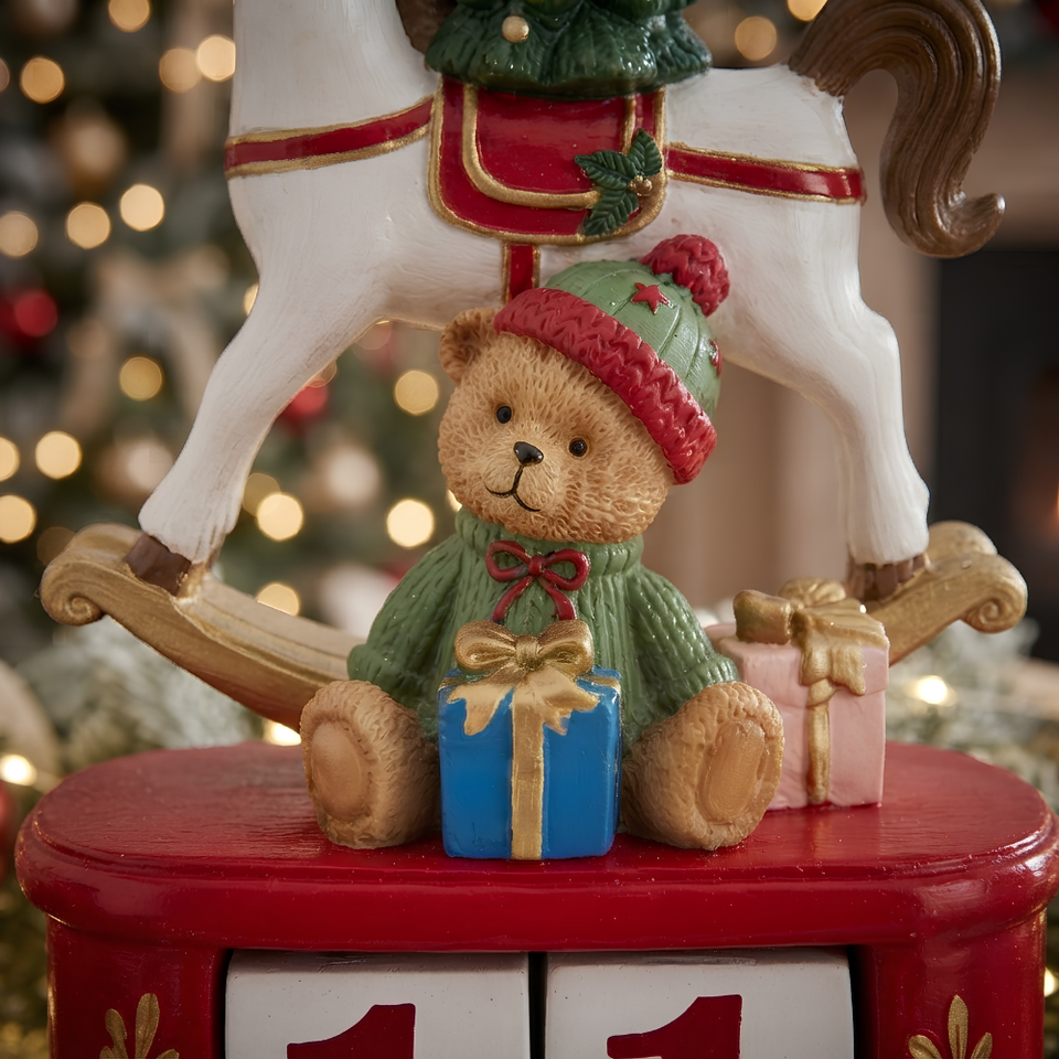 Calendário Ursinho e Cavalo Natal Resina Branco e Vermelho