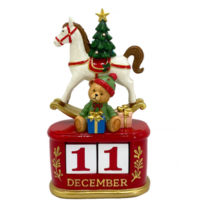 Calendário Ursinho e Cavalo Natal Resina Branco e Vermelho