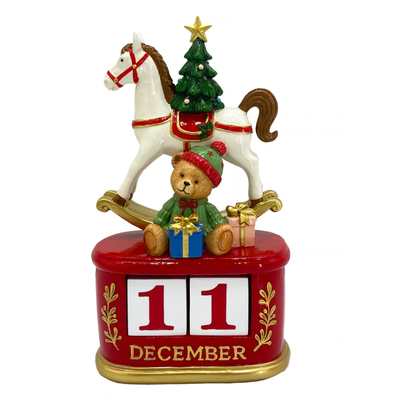 Calendário Ursinho e Cavalo Natal Resina Branco e Vermelho