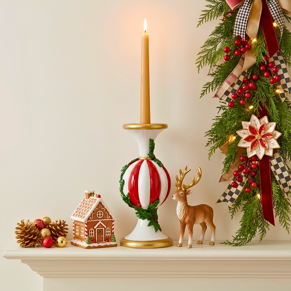 Castiçal Doce Natal Resina Branco e Vermelho