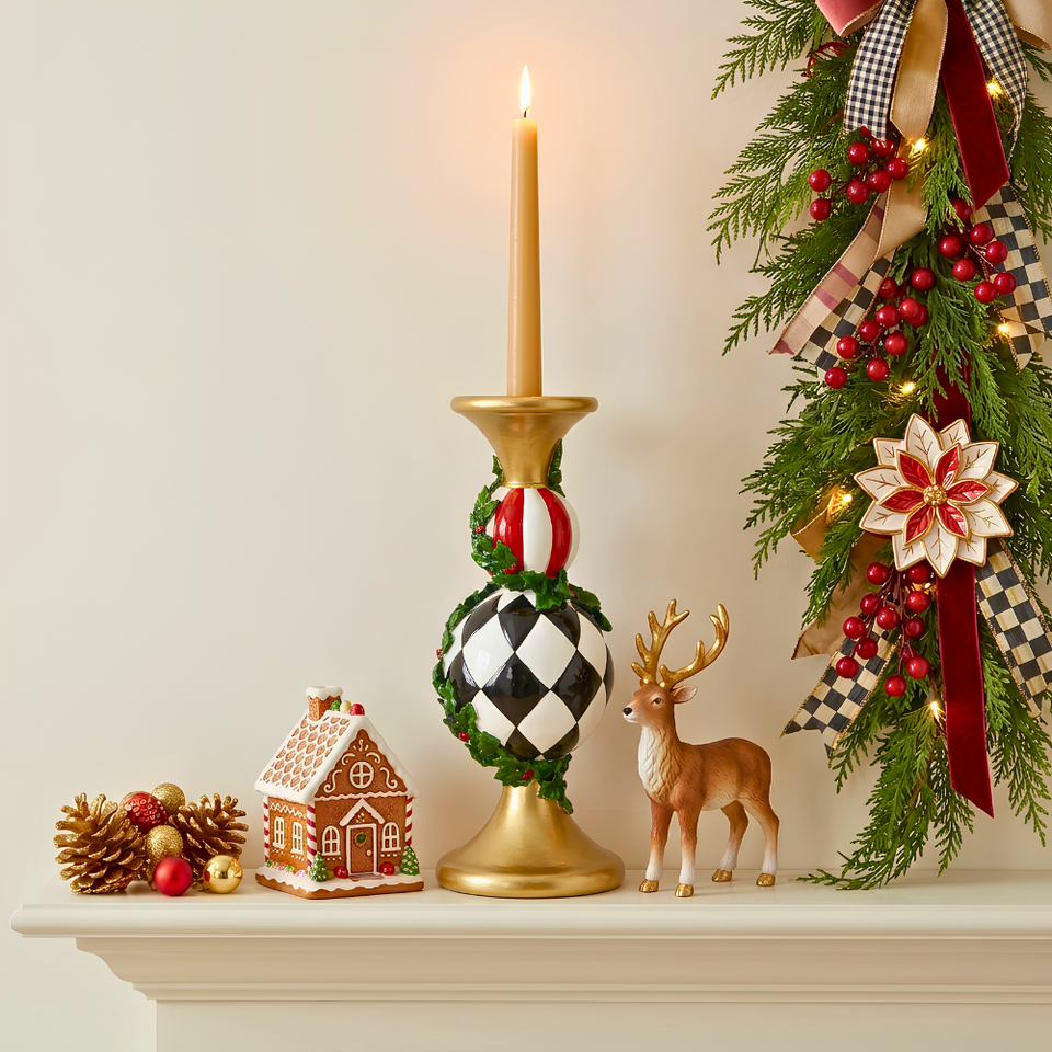 Castiçal Doce Natal Resina Branco Vermelho e Preto