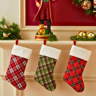 Conjunto 3 Botas Decorativas Natal Xadrez, Bordo, Verde e Vermelho