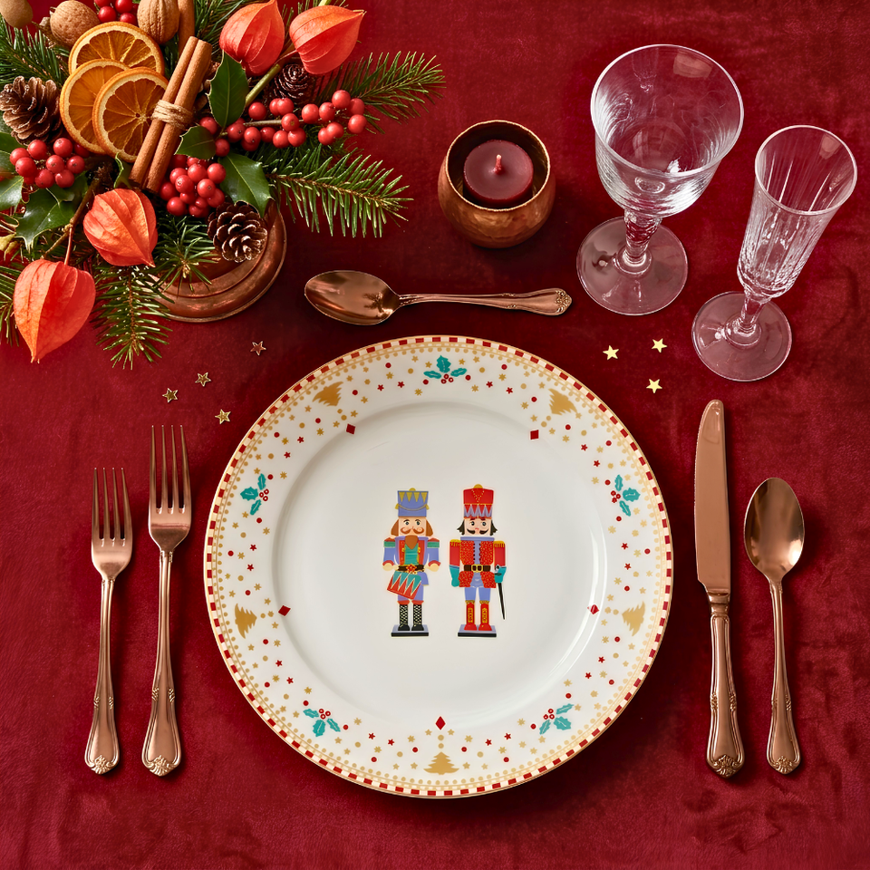 Conjunto 6 Pratos Raso Cerâmica Quebra Nozes Natal Azul e Vermelho 26,5cm