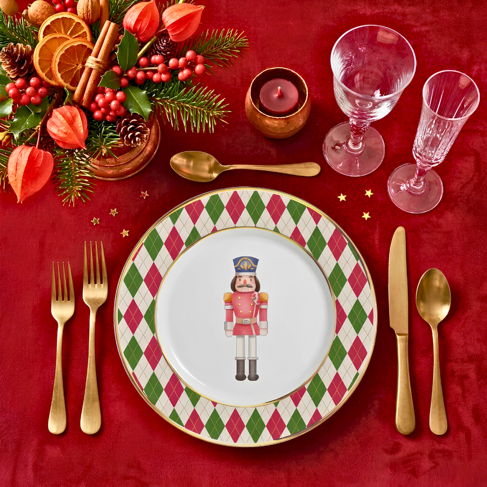 Jogo 6 Pratos Sobremesa Cerâmica Soldadinhos Filete Ouro 21cm Alleanza