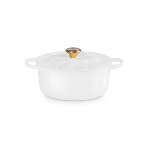 PRÉ-VENDA: Panela Redonda Signature Petal Branco Pegador Dourado 5,3L 26cm Le Creuset