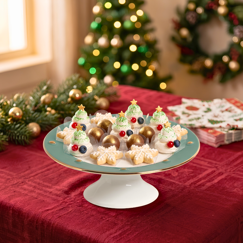 Porta Petit Four com Pé Cerâmica Christmas Balls Verde Filete de Ouro Scalla