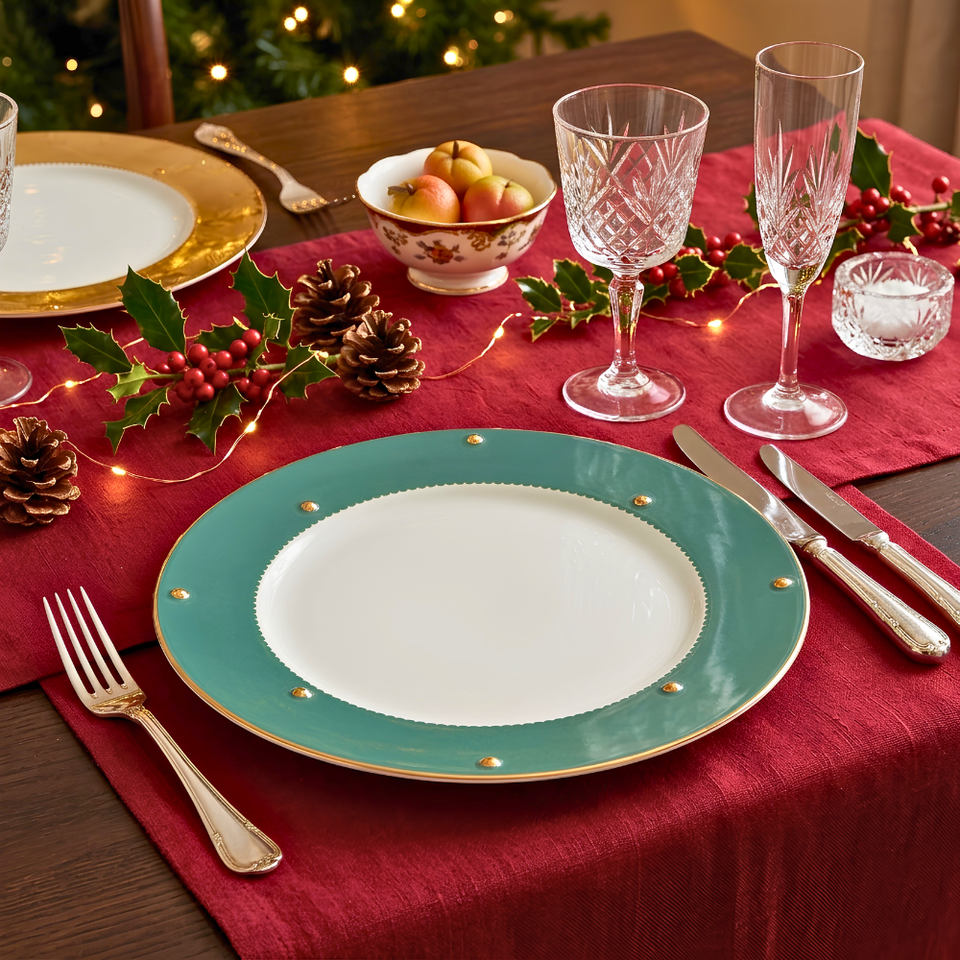 Sousplat Cerâmica Christmas Balls Verde Filete de Ouro 33cm Scalla