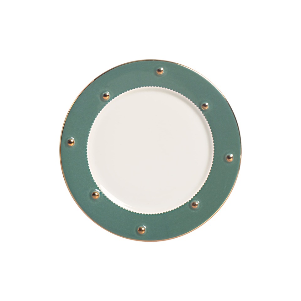 Jogo 6 Pratos de Sobremesa Cerâmica Christmas Balls Verde Filete de Ouro Scalla 21cm Scalla