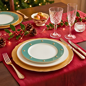 Jogo 6 Pratos de Sobremesa Cerâmica Christmas Balls Verde Filete de Ouro Scalla 21cm Scalla