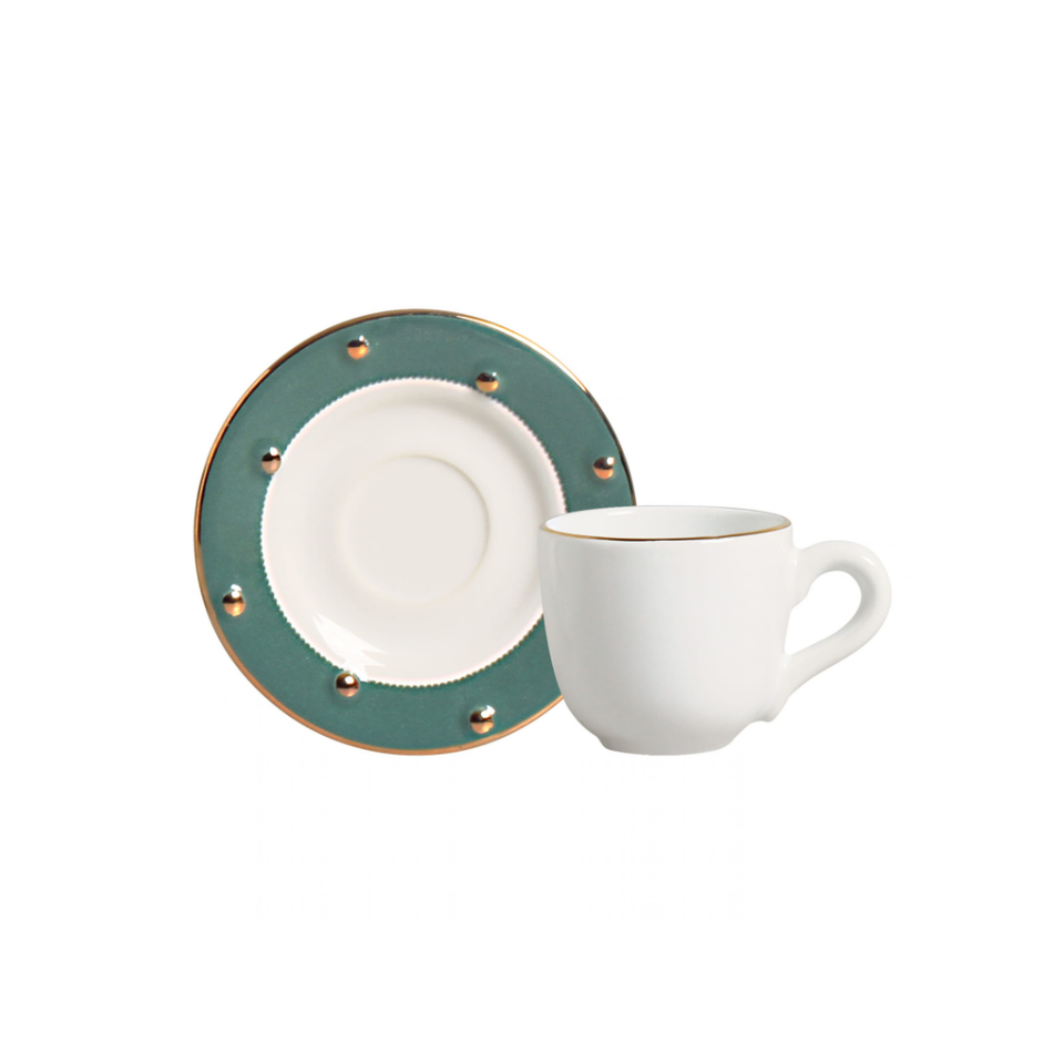 Jogo 6 Xícaras de Café com Pires Christmas Balls Verde Filete de Ouro 100ml Scalla