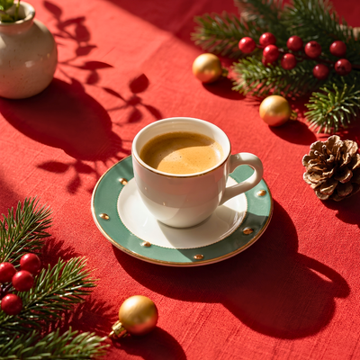 Jogo 6 Xícaras de Café com Pires Christmas Balls Verde Filete de Ouro 100ml Scalla