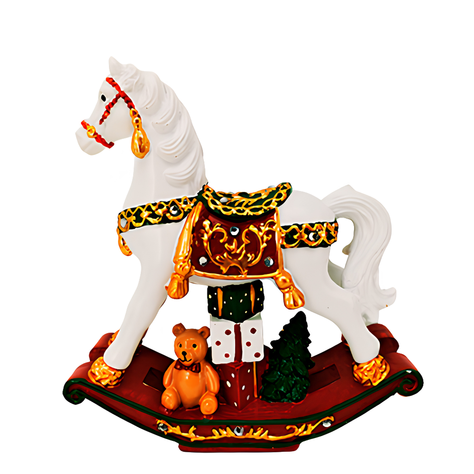Adorno Cavalo de Balanço Branco Natal Poliresina 19x20x5,5cm