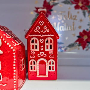 Adorno Casa Ginger Bread Cerâmica Iluminada Natal Vermelho 13,5cm Tuut
