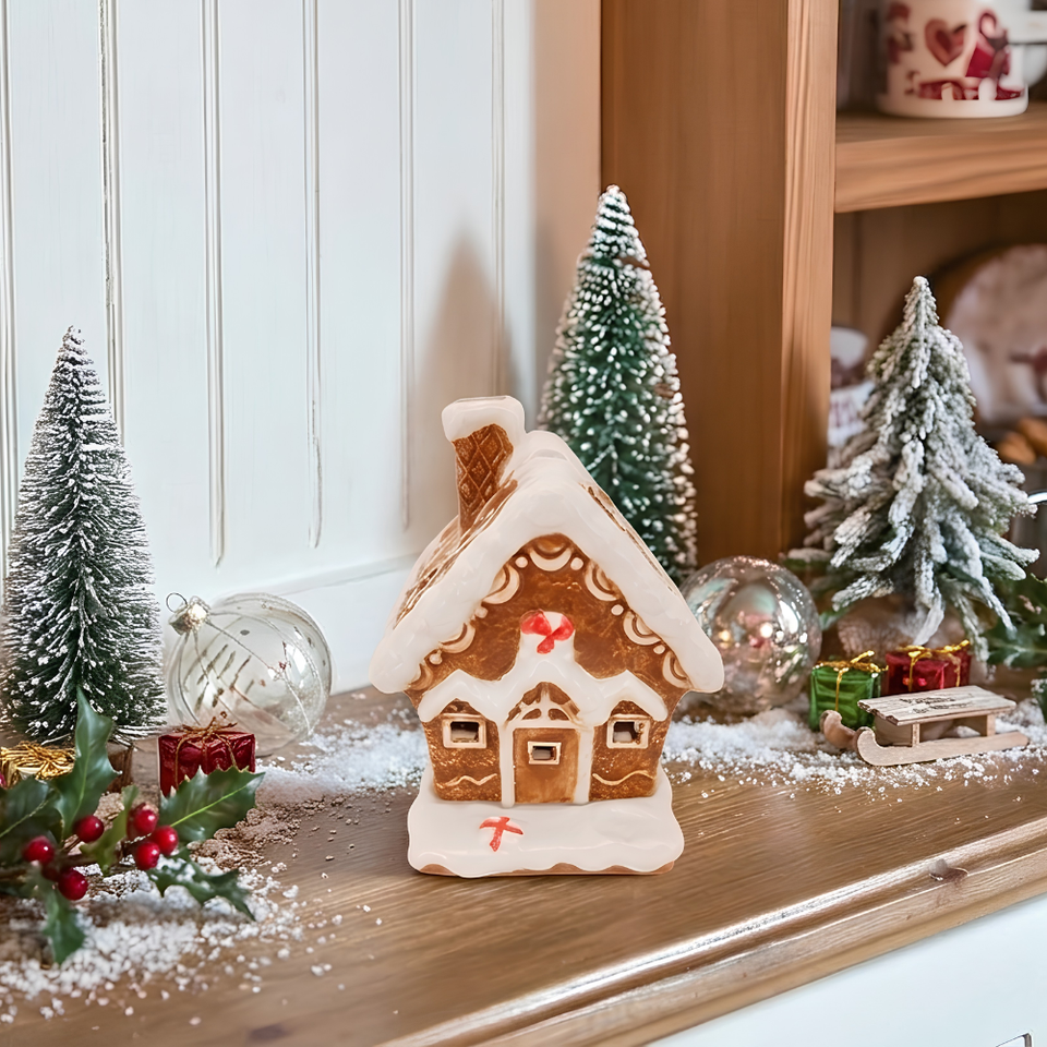 Adorno Casa Ginger Bread Cerâmica Natal Bege 11x10x11cm Tuut
