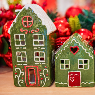 Porta Velas Casa Ginger Cerâmica Verde Natal 16,5cm Tuut