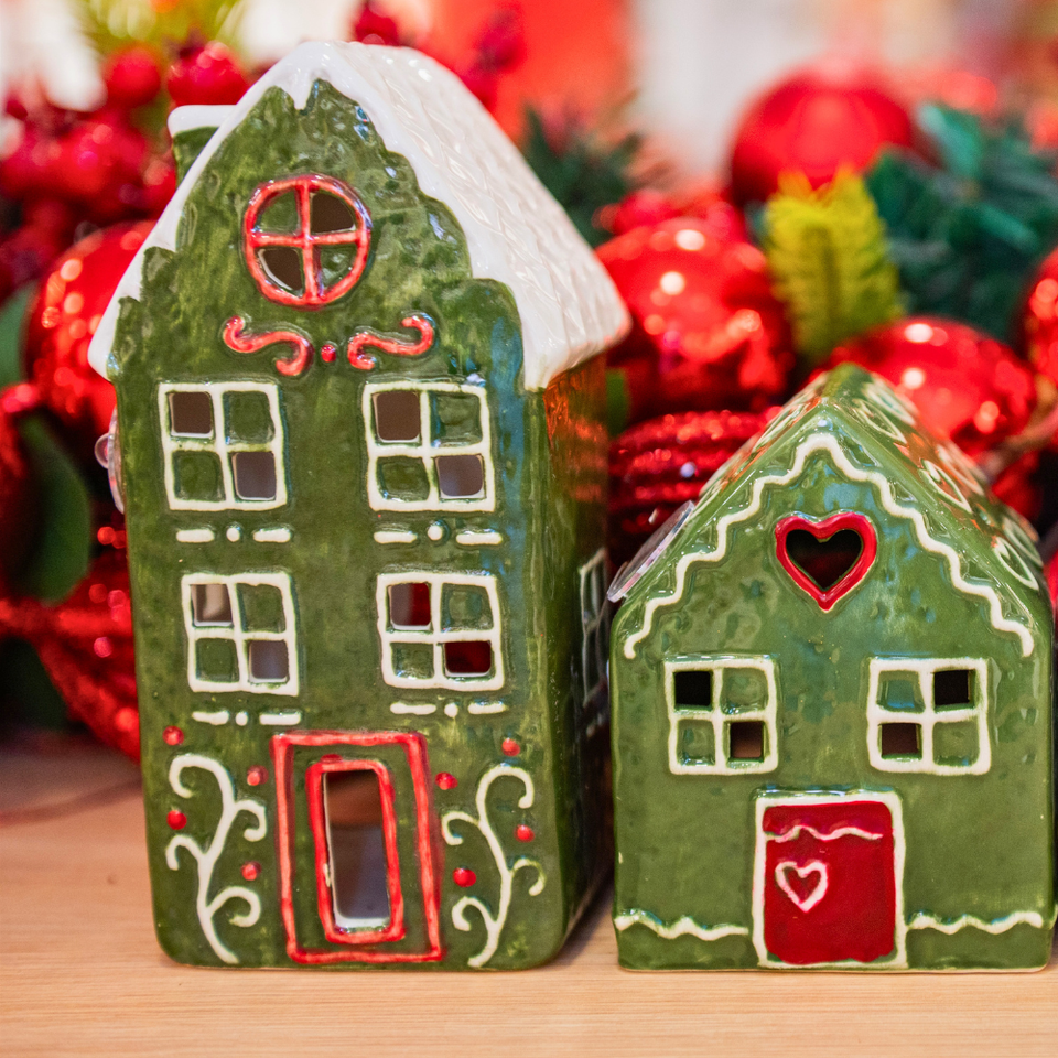 Porta Velas Casa Ginger Cerâmica Verde Natal 16,5cm Tuut