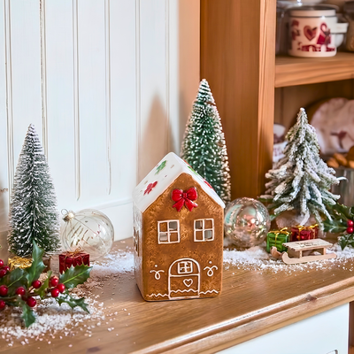Porta Velas Casa Ginger Cerâmica Bege Natal 15cm Tuut