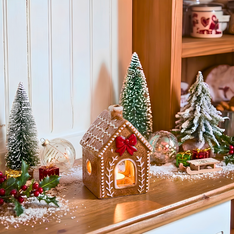 Porta Velas Casa Ginger Cerâmica Bege Natal 11cm Tuut