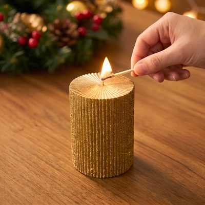Vela Decorativa Natal Parafina Canelada Dourada Pequena