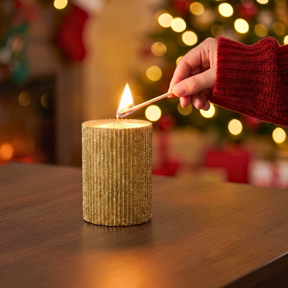 Vela Decorativa Natal Parafina Canelada Dourada Pequena