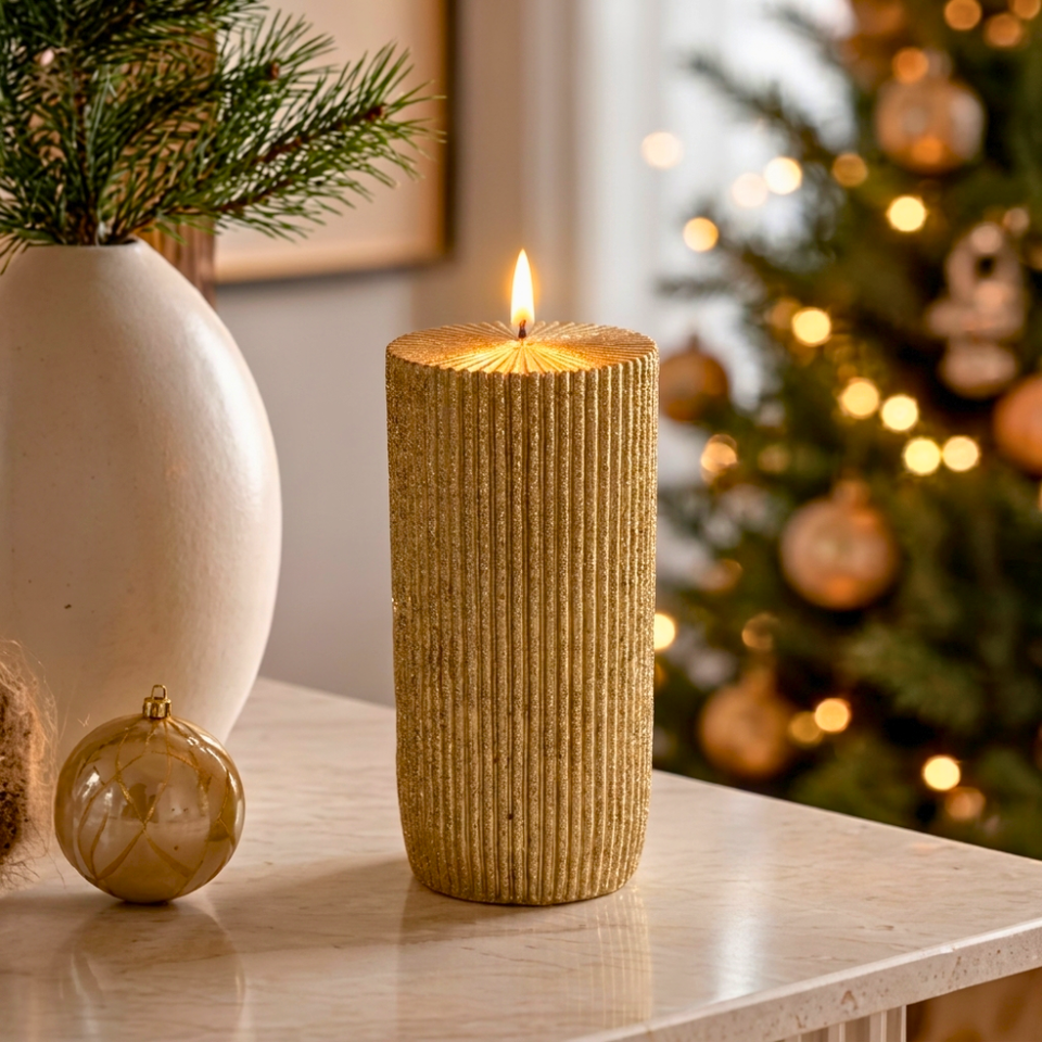 Vela Decorativa Natal Parafina Canelada Dourada Grande