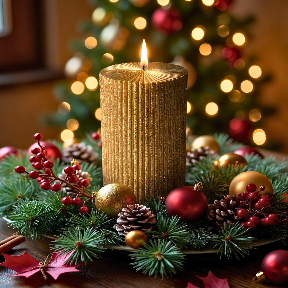 Vela Decorativa Natal Parafina Canelada Dourada Grande