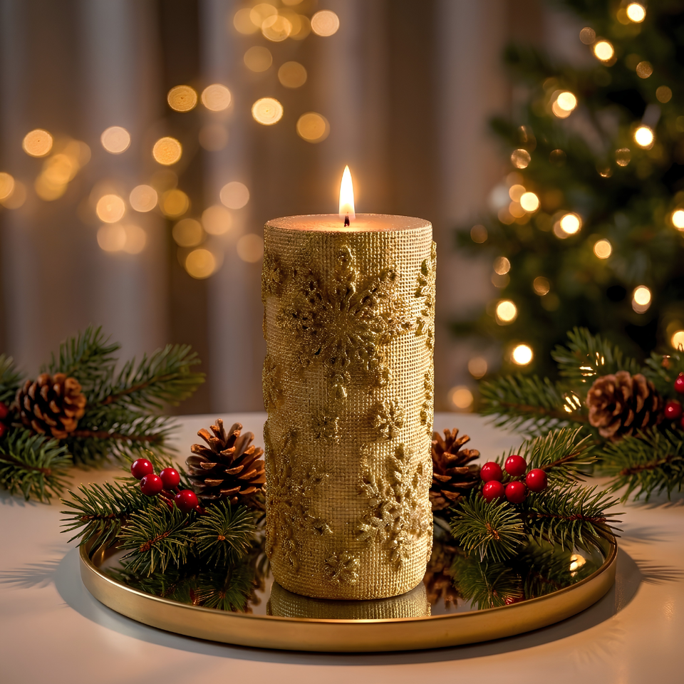 Vela Decorativa Natal Parafina Detalhes Rendada Dourada Grande