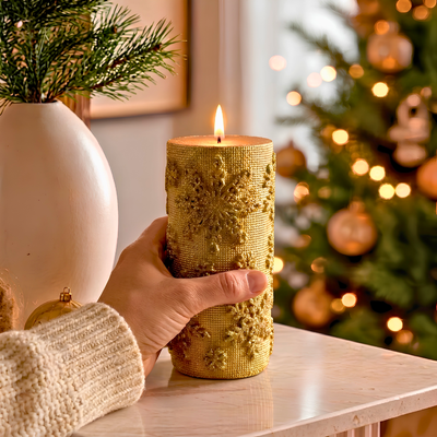 Vela Decorativa Natal Parafina Detalhes Rendada Dourada Grande