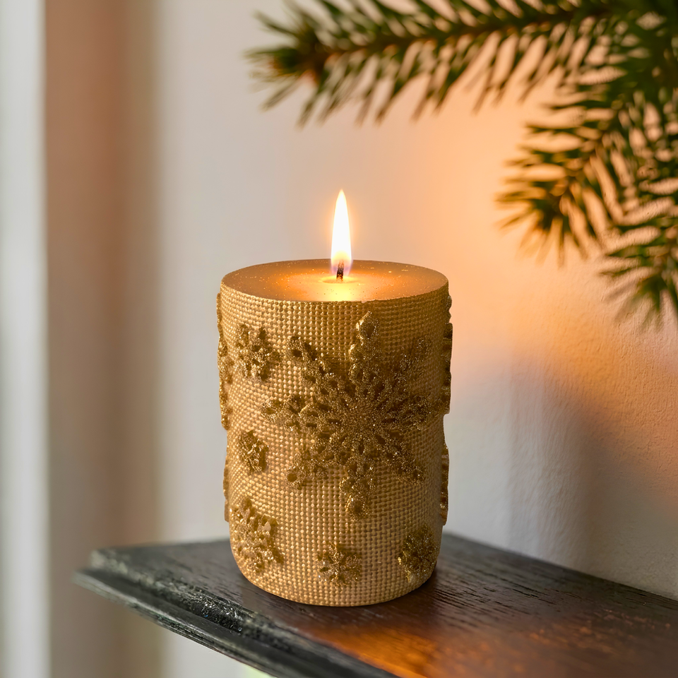 Vela Decorativa Natal Parafina Detalhes Rendada Dourada Pequena