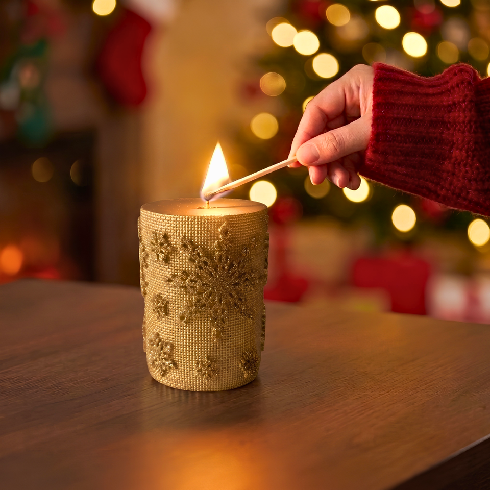 Vela Decorativa Natal Parafina Detalhes Rendada Dourada Pequena
