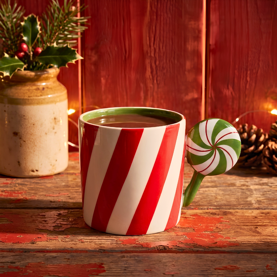 Caneca Lollipop Doces Natal Cerâmica Vermelha