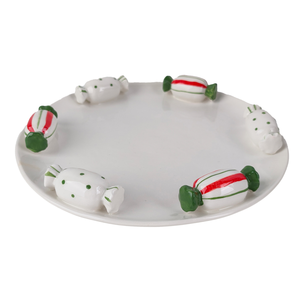 Prato Sobremesa Cerâmica Doces de Natal Branco Verde e Vermelho 19,5cm