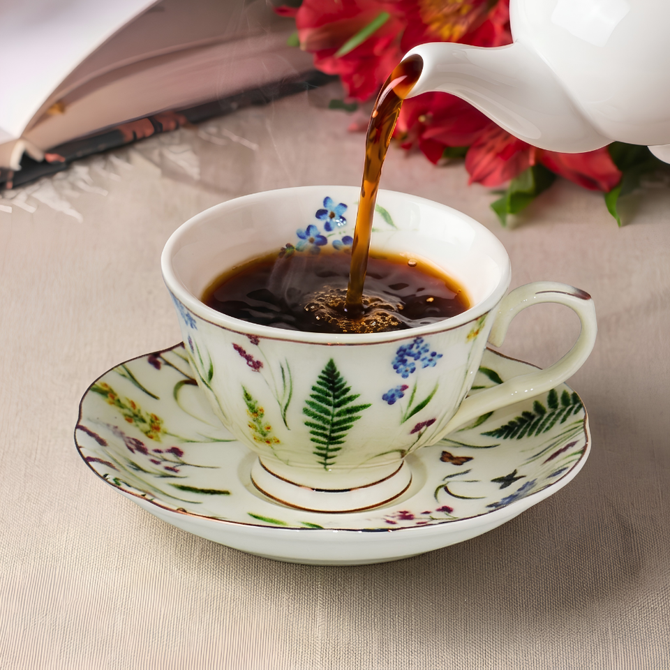 Jogo 6 Xícaras de Café com Pires Jardim Inglês Cerâmica Filete Dourado 120ml