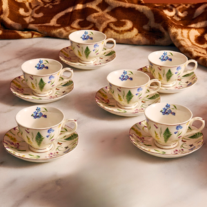 Jogo 6 Xícaras de Café com Pires Jardim Inglês Cerâmica Filete Dourado 120ml