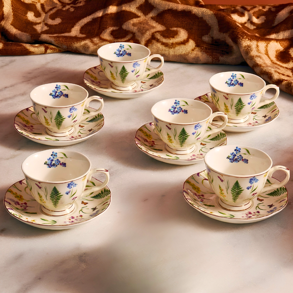 Jogo 6 Xícaras de Café com Pires Jardim Inglês Cerâmica Filete Dourado 120ml