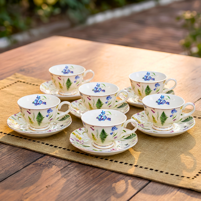 Jogo 6 Xícaras de Café com Pires Jardim Inglês Cerâmica Filete Dourado 120ml