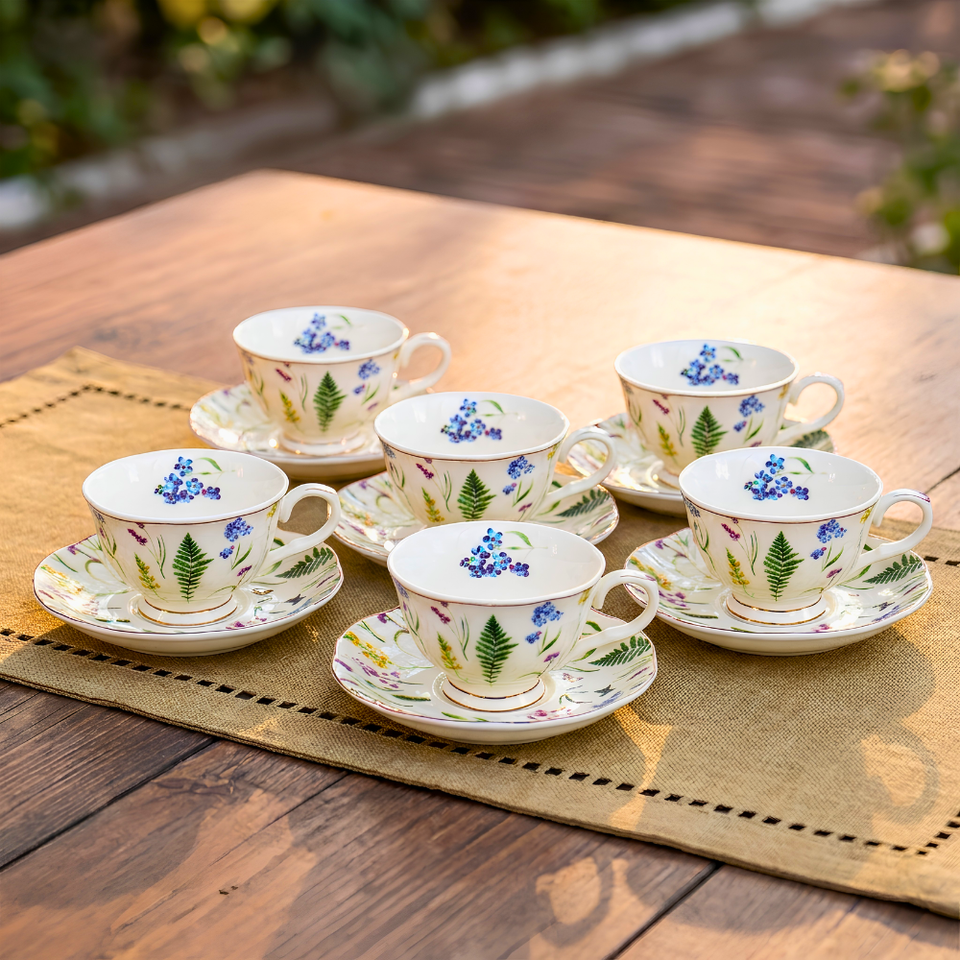 Jogo 6 Xícaras de Café com Pires Jardim Inglês Cerâmica Filete Dourado 120ml