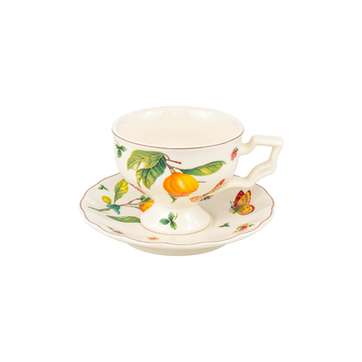 Jogo 6 Xícaras de Café com Pires Jardim de Limão Siciliano Cerâmica Filete Dourado 120ml