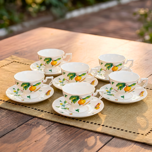 Jogo 6 Xícaras de Café com Pires Jardim de Limão Siciliano Cerâmica Filete Dourado 120ml