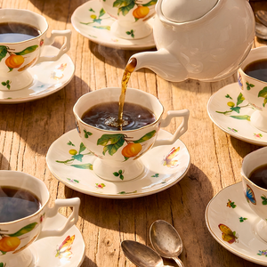Jogo 6 Xícaras de Café com Pires Jardim de Limão Siciliano Cerâmica Filete Dourado 120ml