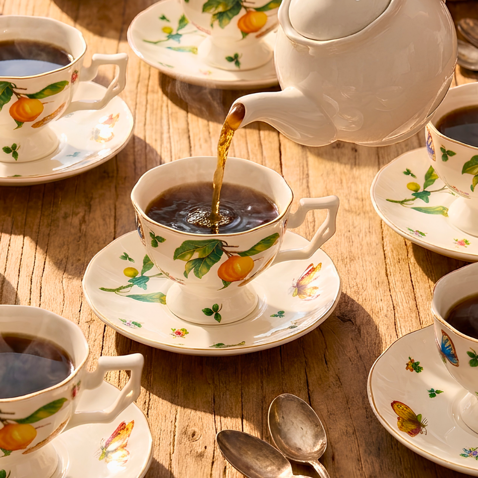 Jogo 6 Xícaras de Café com Pires Jardim de Limão Siciliano Cerâmica Filete Dourado 120ml