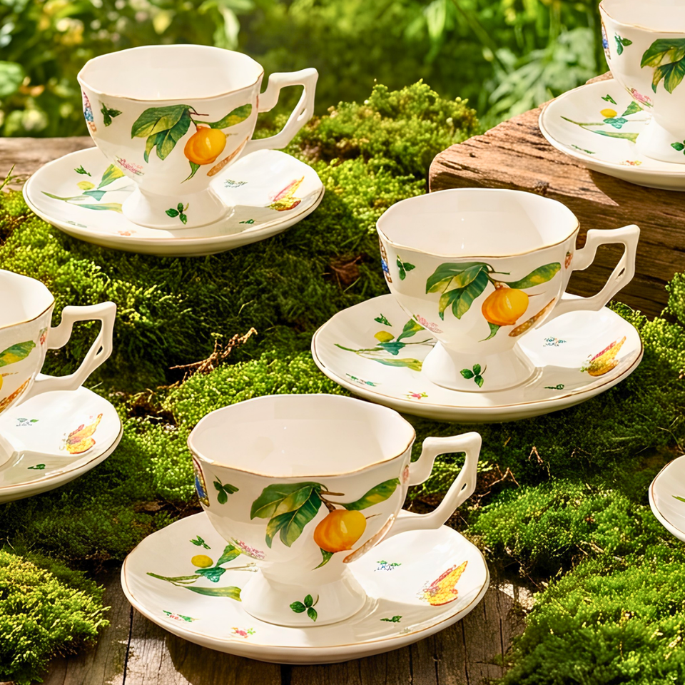 Jogo 6 Xícaras de Café com Pires Jardim de Limão Siciliano Cerâmica Filete Dourado 120ml