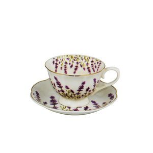 Jogo 6 Xícaras de Café com Pires Jardim de Lavanda Cerâmica Filete Dourado 120ml
