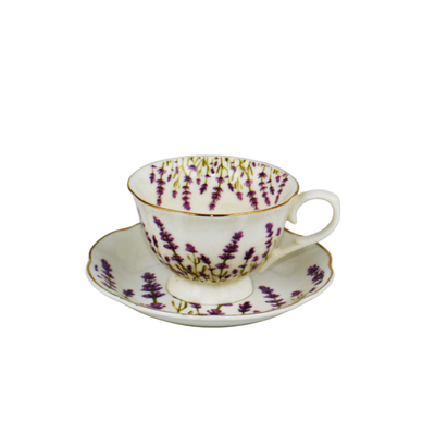 Jogo 6 Xícaras de Café com Pires Jardim de Lavanda Cerâmica Filete Dourado 120ml